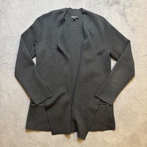 Eileen Fisher Open Cardigan Sweater 100% Merino Wool Sz Med Leather Trim Pockets